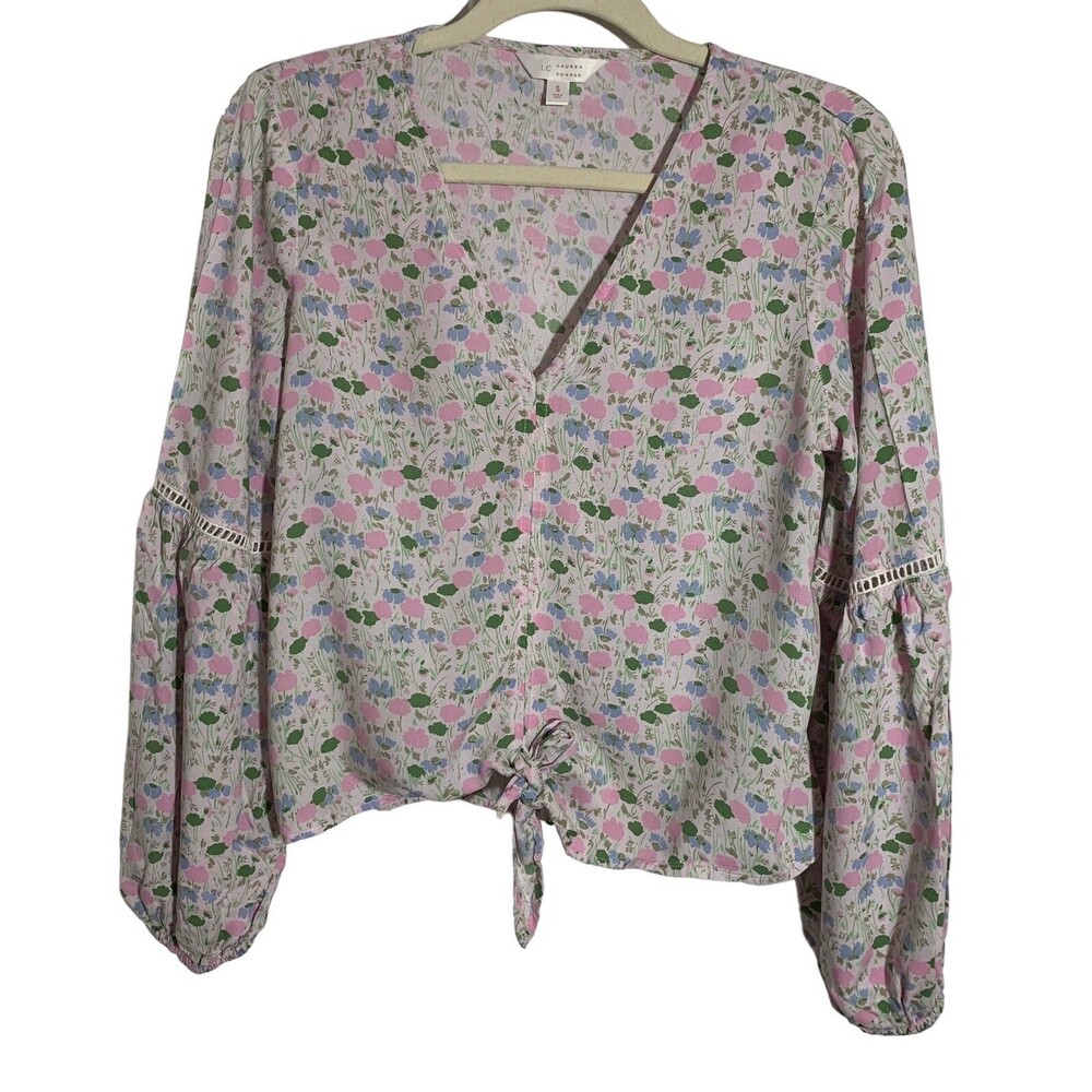 LC Lauren Conrad Women's Size Small Ditsy Floral Tie Front Puff Sleeve Boho Top